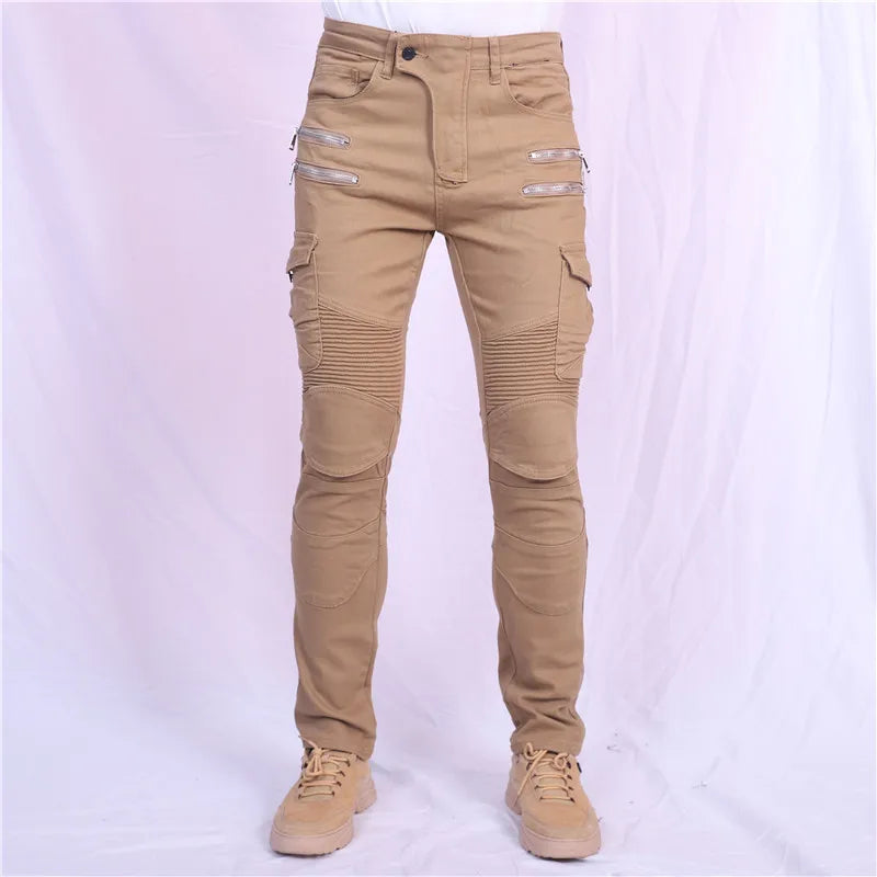 Double zipper Decoration Metal Style Motorcycle Leisure Motorcycle Men's Outdoor Riding Jeans Slim Pants With Protect Gears