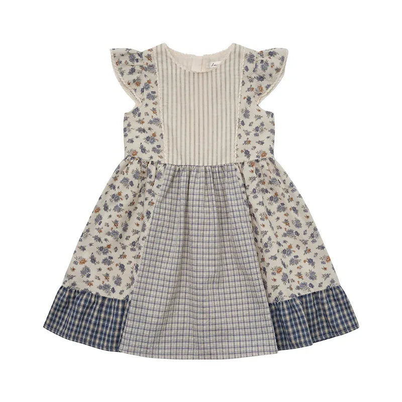 Summer LOU Girls' Printed Cotton Dress Short-Sleeved Handmade Embroidered Wide-Necked Children's Holiday Dress