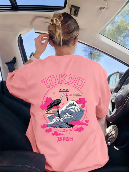 Tokyo Japan Crane Waves Prints Women T-Shirt Trendy Crewneck Tee Shirts Hip Hop Summer Clothes Y2K Woman Soft Short Sleeve