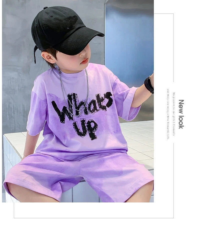 Loose Outfits Children Streetwear what's up 2024 New Boy Summer Quick dry Suit Short Sleeve TShirt + Shorts Two piece Sports Set