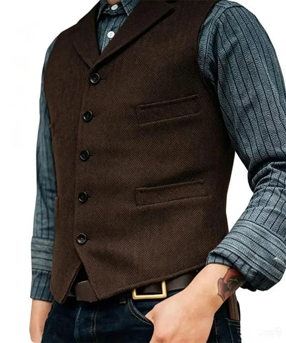 Men's Wool Tweed Suit Vest Lapel V Neck Sleeveless Herringbone Retro Casual Slim Fit Wedding Business Waistcoat for Tuxedos