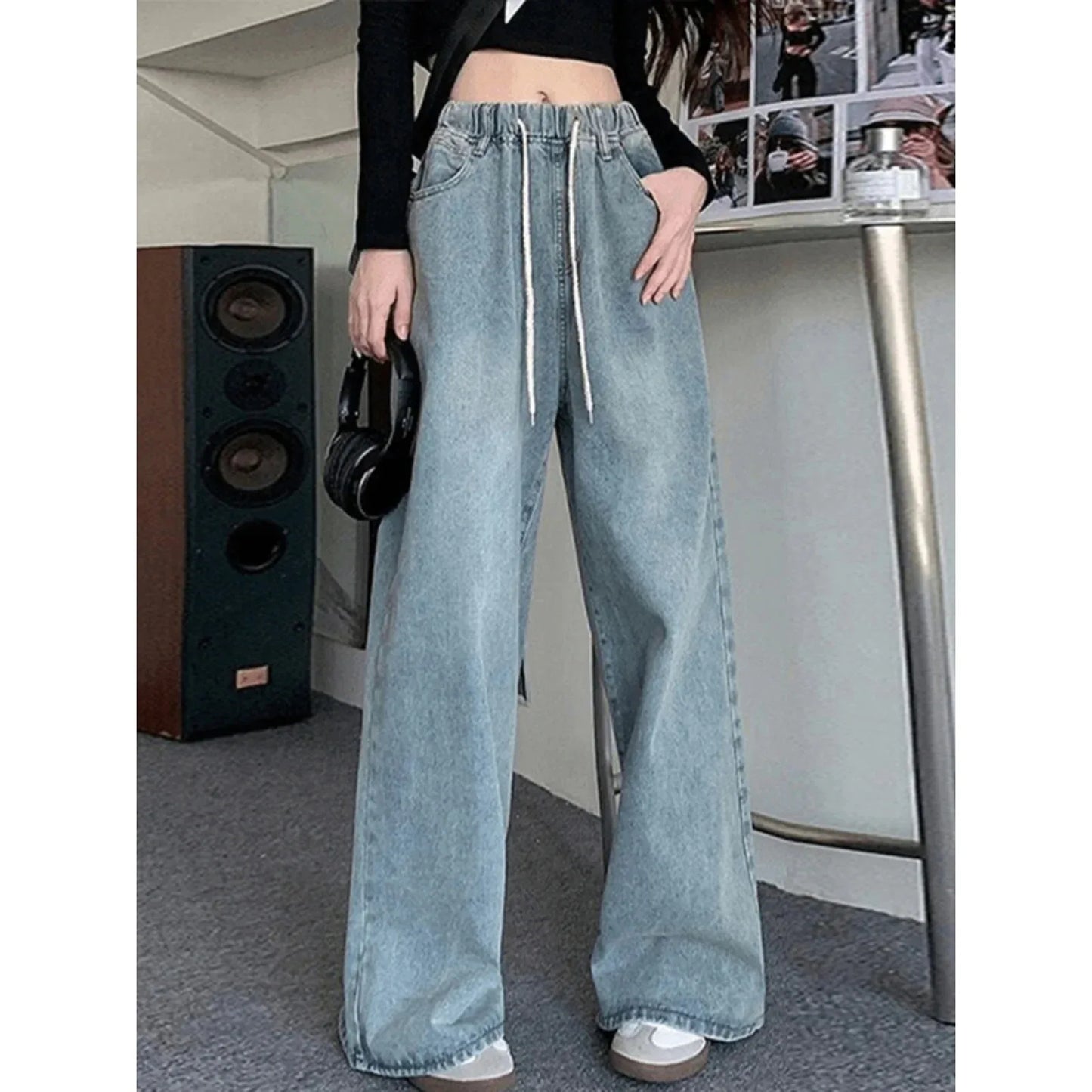 Elastic Waist High Waist Wide Leg Jeans for Women Loose Straight Blue Long Denim Pants Female Fashion Streetwear Jeans