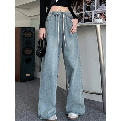 Elastic Waist High Waist Wide Leg Jeans for Women Loose Straight Blue Long Denim Pants Female Fashion Streetwear Jeans