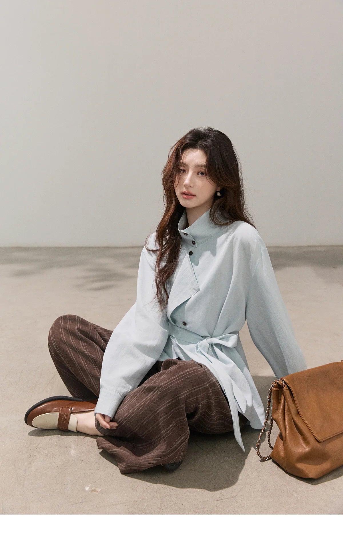 Women's Stand Collar Long Sleeve Shirts Spring Belted Waist Asymmetric Button Tops Casual Loose Solid Shirt MXF13C2459