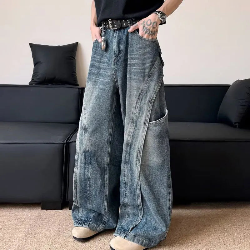Korean Retro Jeans Men'S Curved Knife Pants Design Sense Vintage Casual Straight Leg Pants Loose Large Pocket Wide Leg Pants