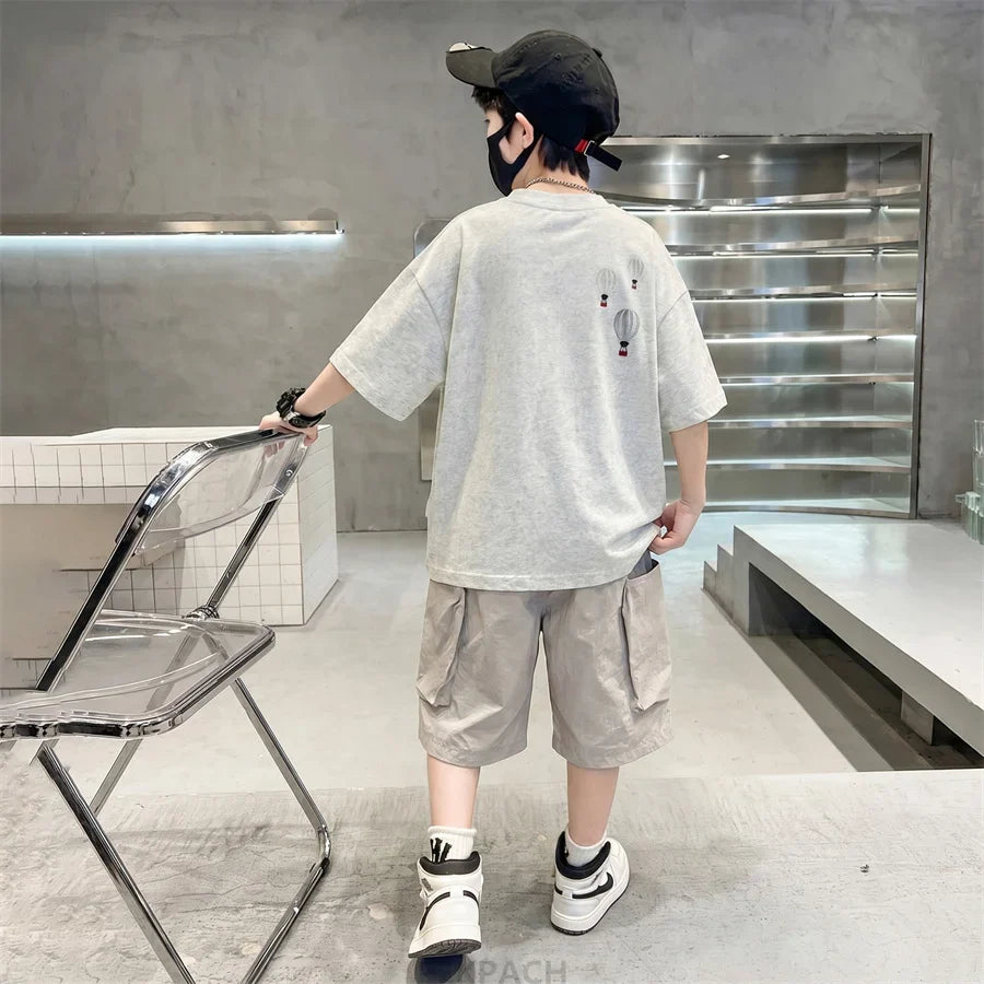 Fashion Boys Summer Outfit T-shirt Shorts Sports Set Children Top and Bottom Tracksuit Set Kids Casual Cotton Sportswear 5-14Y