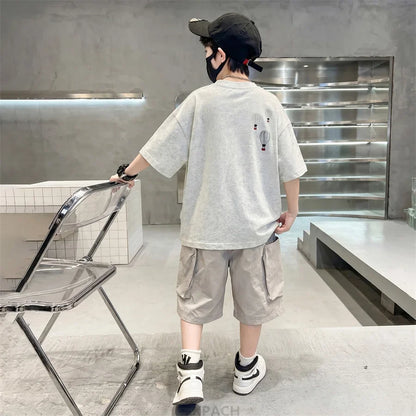 Fashion Boys Summer Outfit T-shirt Shorts Sports Set Children Top and Bottom Tracksuit Set Kids Casual Cotton Sportswear 5-14Y
