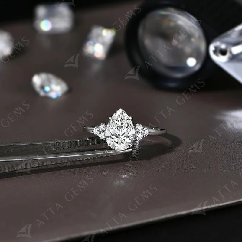 New Solid S925 Sliver 2.0ct Moissanite Rings for Women D VVS1 Pear Shape Diamond Engagement Wedding Fine Jewelry Gift