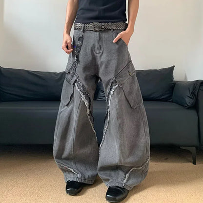 Autumn/Winter Korean Vintage Splicing Hairy Zipper Micro Horn Jeans Men's Loose Straight Leg Pants Fashion High Street Jeans