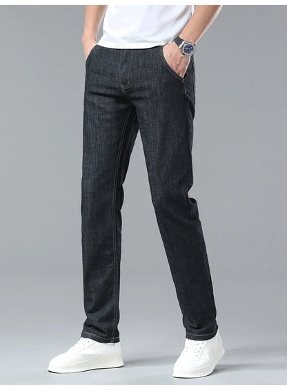 Light Blue Classic Business Casual Cotton Pants Fashion Breathable Denim Elastic Trousers Brand Men's Clothing Straight Jeans
