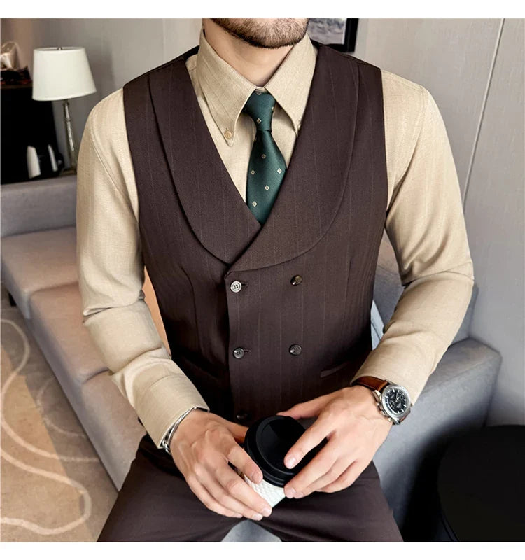 ( Vest+Pants) Autumn Winter Thicken Wool Striped Suit Vest 2 pieces Men Fashion Slim Fit Business Casual Wedding Dress Vest Sets