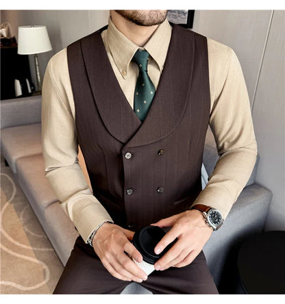 ( Vest+Pants) Autumn Winter Thicken Wool Striped Suit Vest 2 pieces Men Fashion Slim Fit Business Casual Wedding Dress Vest Sets