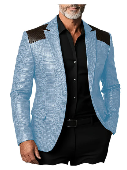 Men's Crocodile Pattern Leather Blazer Patchwork PU Leather Suit Jacket Notched Lapel Slim Fit Business Casual Coat Outerwear
