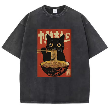 T Shirt Vintage Washed 100% Cotton T-Shirt Black Retro Cat Eating Ramen Graphic Tee Casual Streetwear for Spring Summer Fall