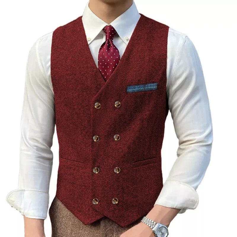 Men Vest Brown Solid Double ButtonTweed Slim Casual Business Waistcoat Jacket For Wedding Party Banquet Prom Set