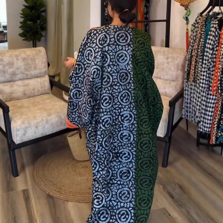 Elelgant V-Neck Simple Loose Dress Women 2025 Spring Summer Holiday Printing Patchwork Maxi Dress Casual