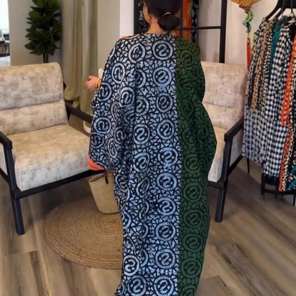 Elelgant V-Neck Simple Loose Dress Women 2025 Spring Summer Holiday Printing Patchwork Maxi Dress Casual