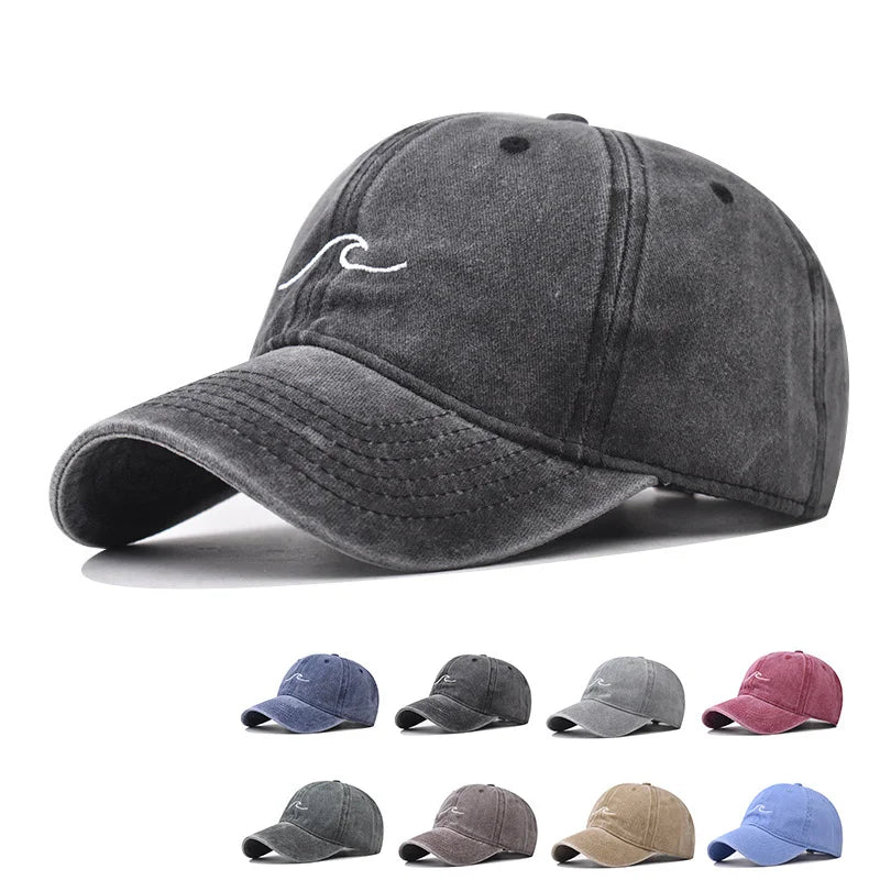Washed Cotton Wave Embroidered Baseball Cap Unisex Adjustable Dad Hat Casual Retro Style Cap for Men Women Daily Street Wear