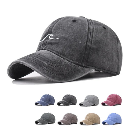Washed Cotton Wave Embroidered Baseball Cap Unisex Adjustable Dad Hat Casual Retro Style Cap for Men Women Daily Street Wear