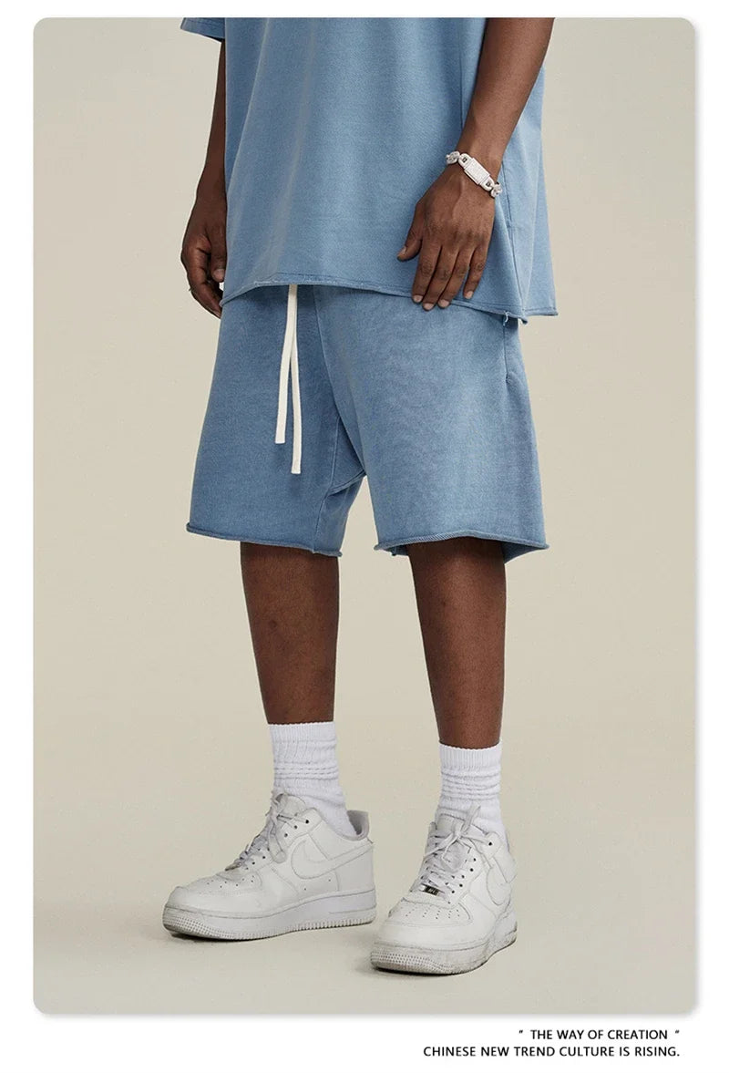 New Summer Men Retro Washed Shorts Unisex Drawstring Loose Edge 420gsm Solid Knee Length Cotton Pants Streetwears HY0589