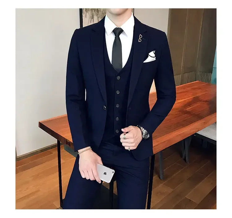 Blue Men Classic Striped/Checked Suits, Asian Size Slim Fit Business Office 3-Piece Sets, Black/Gray and Red Available.