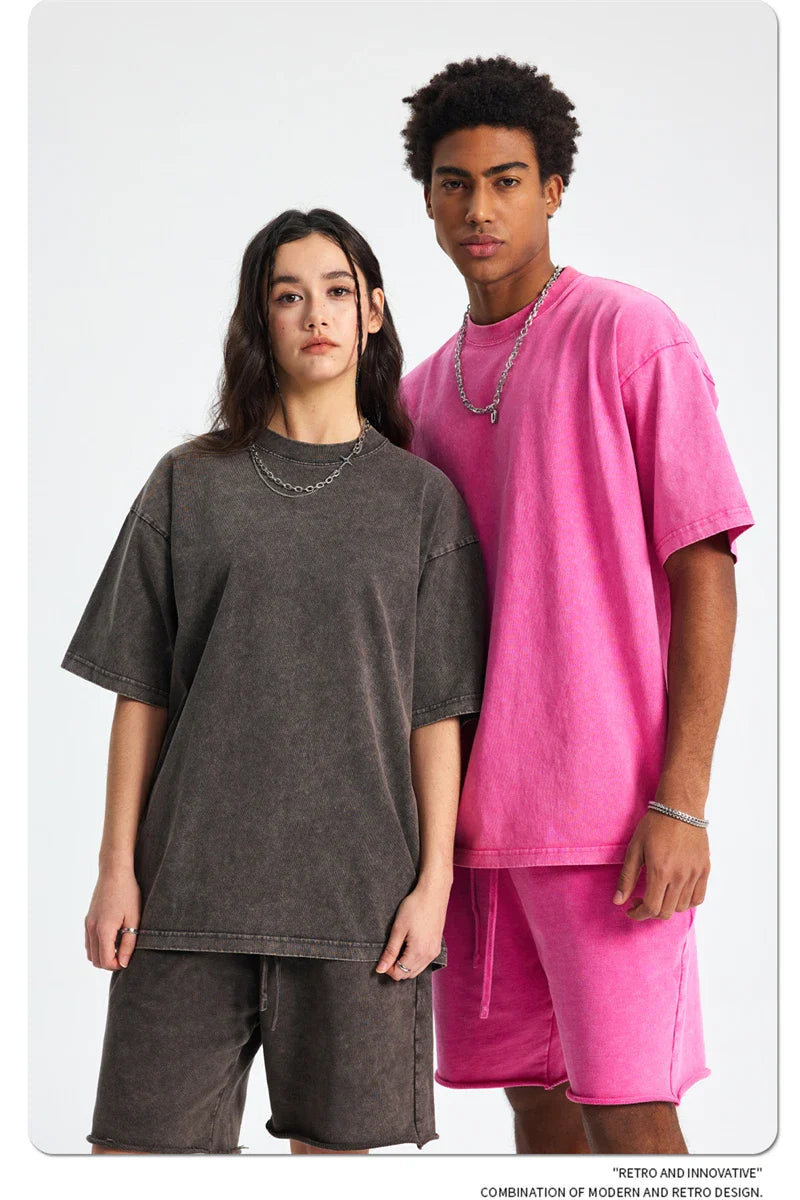2025 High Street Summer Washed Cotton T-Shirt Tees For Men Unisex Loose Retro Solid T Shirts Brand Tops HY0113