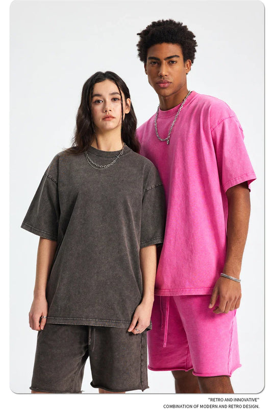 2025 High Street Summer Washed Cotton T-Shirt Tees For Men Unisex Loose Retro Solid T Shirts Brand Tops HY0113