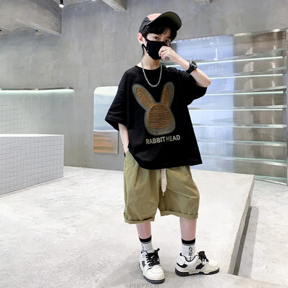 Cartoon Rabbit Boys Summer Clothing Two Piece Set Outfits Short Sleeved T-shirt Shorts Tracksuits Kids Children Casual Costumes