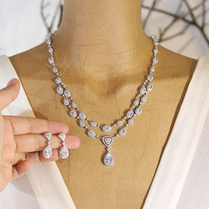 White Transparent Two-layer Water Drop 2PCS Crystal Necklace and Earring Zircon Jewelry Sets Wedding Party Bridal Accessories