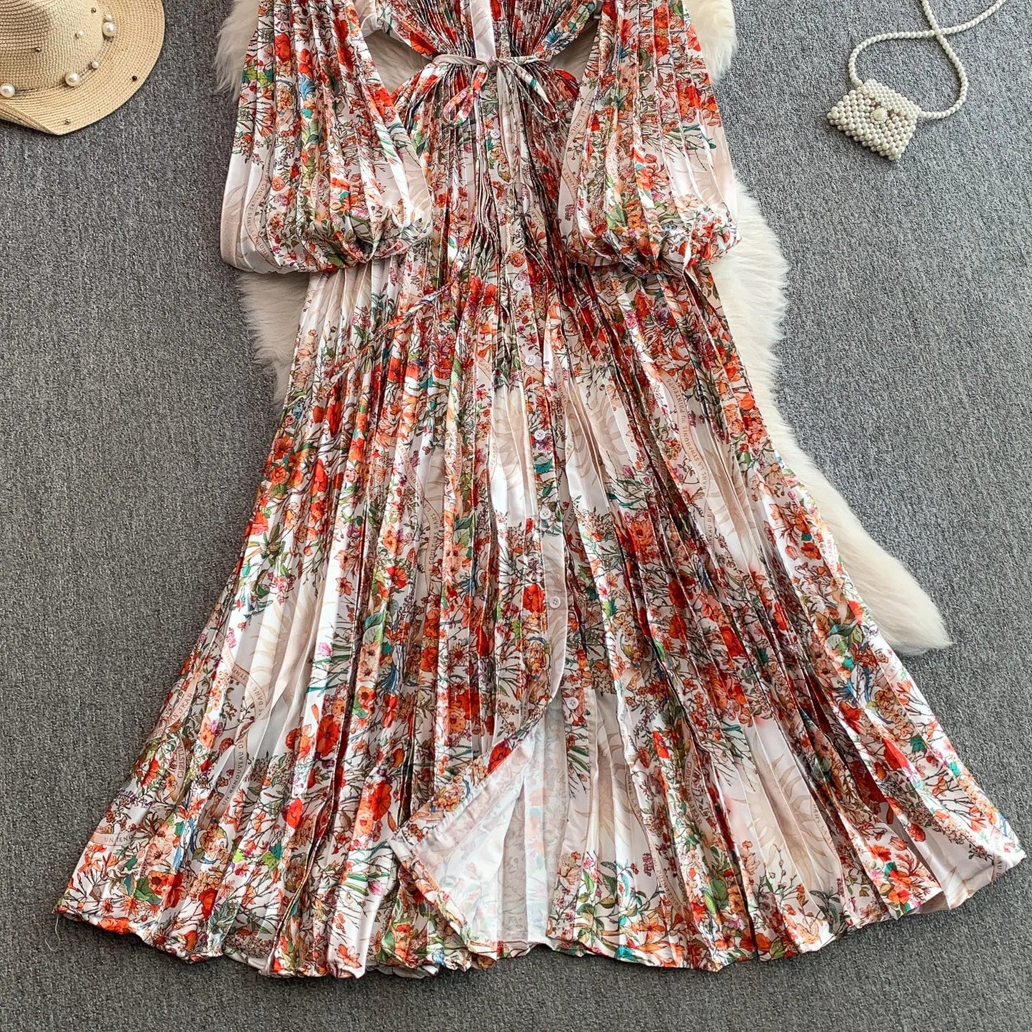 Ele Printed round Ne Lantern Sve Dr Women's Single Button Waist Cinch Maxi Skirt Long Dr Commute Sle Autumn