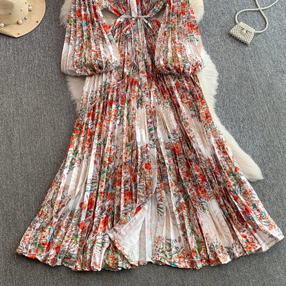 Ele Printed round Ne Lantern Sve Dr Women's Single Button Waist Cinch Maxi Skirt Long Dr Commute Sle Autumn