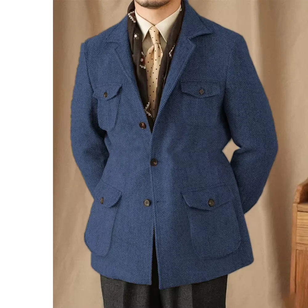 Hunting Multi-pocket Suit Jacket British Men's Retro Sport Coat With Belt Herringbone Business Causal Lapel Suit Blazers Tuxedos