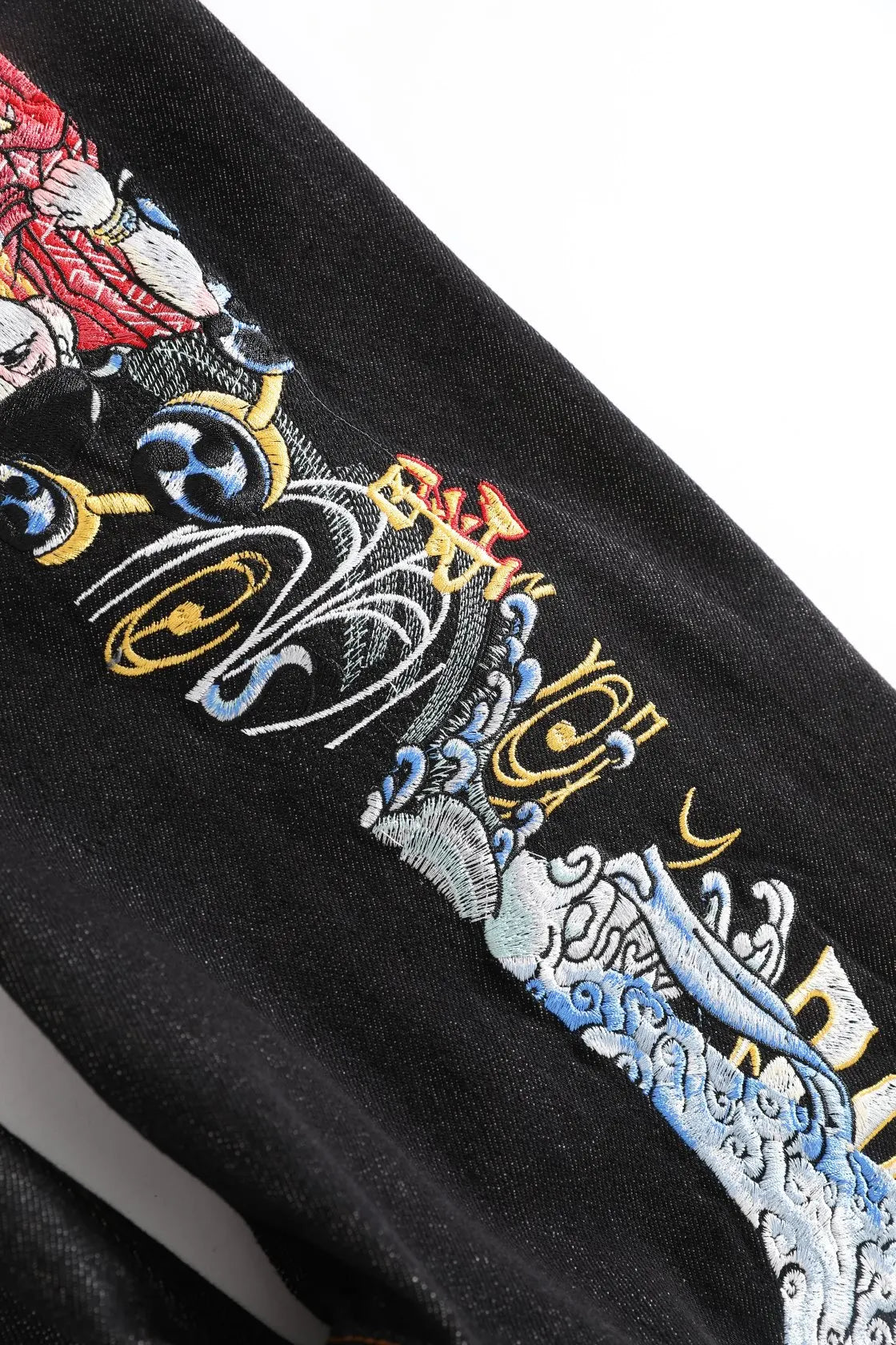 Japanese Handmade Embroidered Jeans Men's Pure Cotton Straight Tube Hip-Hop Popular Slim Red Ears Show Thin Trousers Devil Big M
