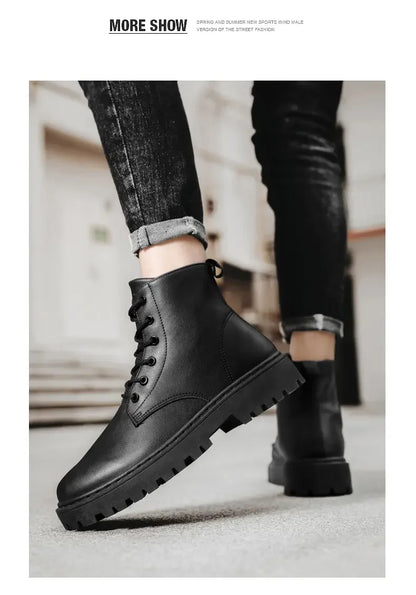 Men Shoes Autumn Anti Slip Waterproof High Top Black Lace Up Casual Leather Shoes Platform Boots Fashion Trend Motorcycle Boots
