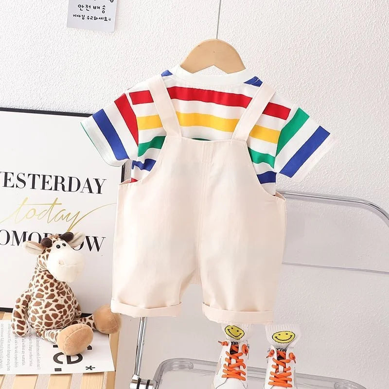 New Summer Baby Boys Fashion Striped T-Shirt Overalls 2Pcs/Set Toddler Girl Clothes Suit Children Casual Costume Kids Tracksuits