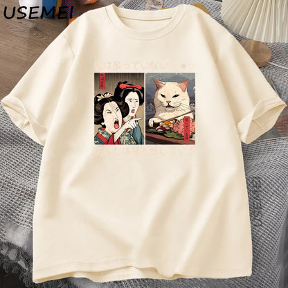 Funny Yelling At A Cat Meme T-shirts Vintage Japanese Style Cat Graphic T Shirts Men Women O Neck Short Sleeve Cotton Top