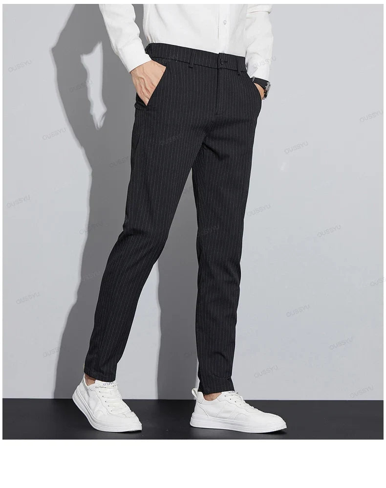 High Quality Brand Clothing Autumn Stripe Suit Pants Men Fashion Business Solid Color Office Slim Long Casual Trousers Male 28-3