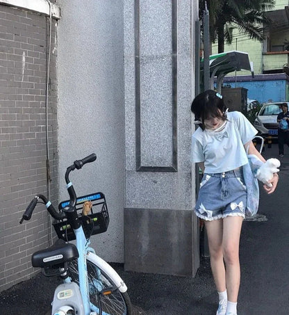 Blue High Waist Denim Shorts for Women Youthful Cheap Classic Stretchy Kpop Japanese 2000s Style Hot XL Short Jean Pants Woman