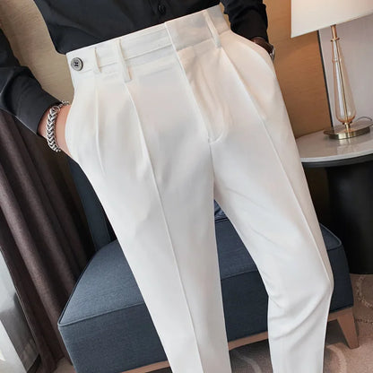 Autumn Winter High Quality Solid Casual Pants Men Belt Design Slim Fit Trousers Formal Office Business Social Party Suit Pants