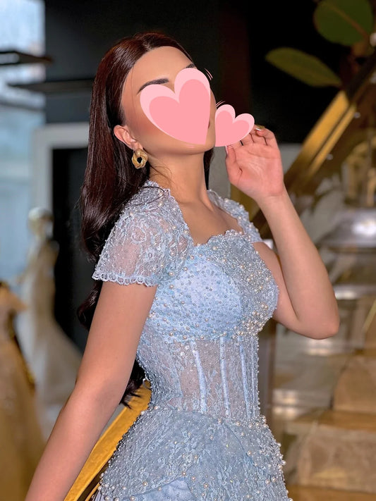 Dress Elegant Vintage Sweet Sky-Blue Pearls Lace A-Line Shiny Customize Formal Occasion Prom Dress Evening Party Gowns