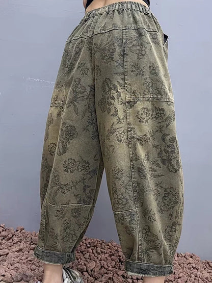 2025 Floral Spring Ladies Printed Classic Elegant Harem Pants Casual Fashion Jeans Vintage Loose Women Denim Trousers