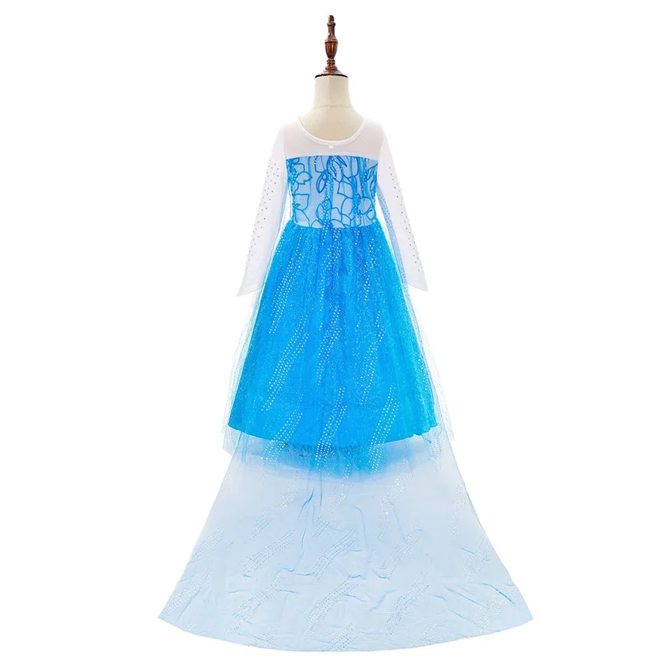 Children Carnival Blue Sequins Elsa Cosplay Dress Girls Elegant Blue Princess Costume Kids Halloween Birthday Party Clothes