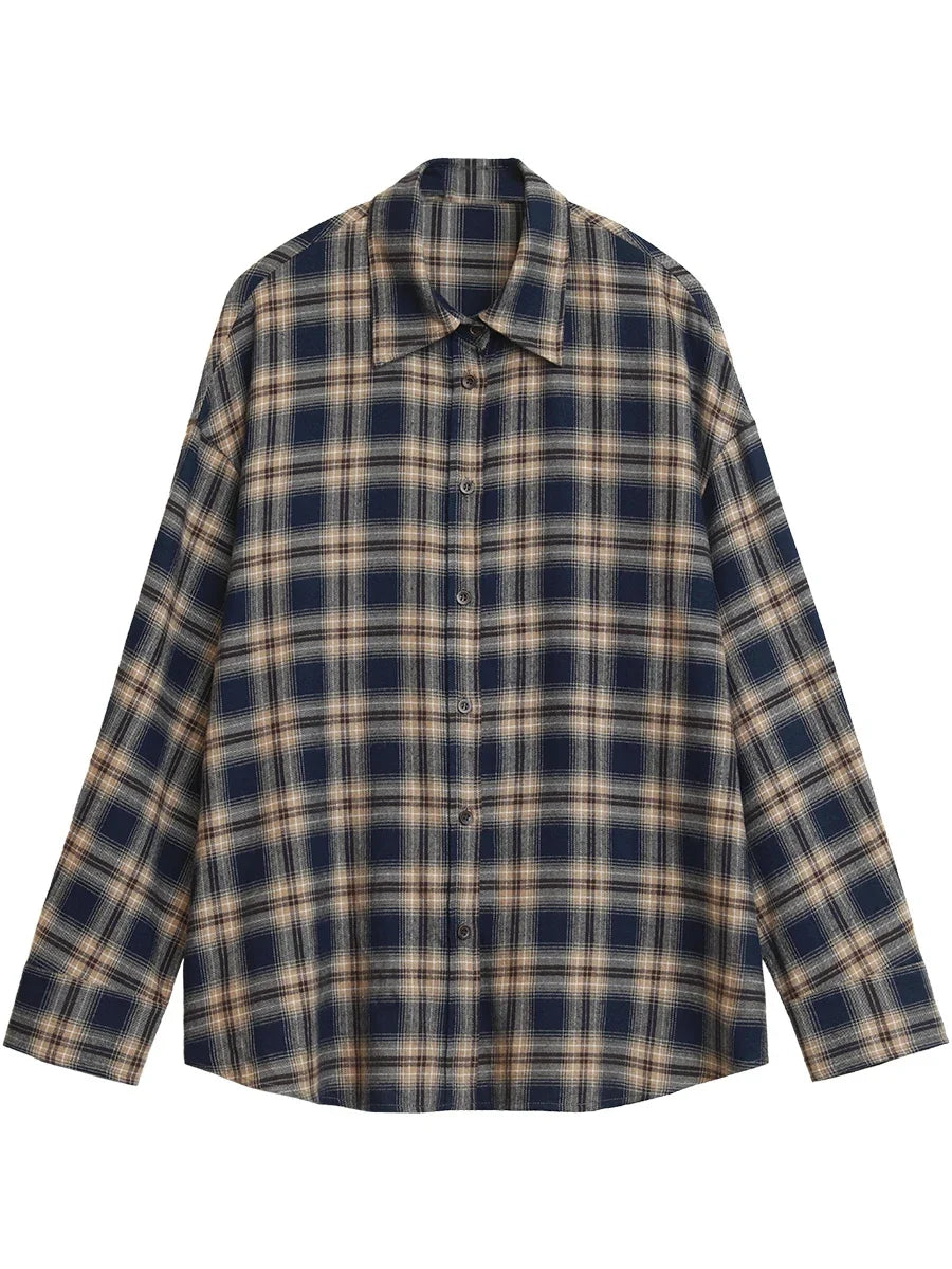 Women Shirts Loose Casual New Sanding Plaid Shirt Long Sleeve Medium Long Length Blouses Female Tops Spring Autumn 2025