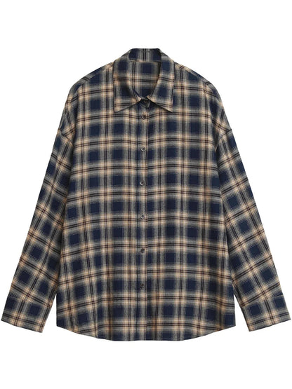 Women Shirts Loose Casual New Sanding Plaid Shirt Long Sleeve Medium Long Length Blouses Female Tops Spring Autumn 2025