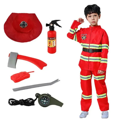 Kid Red Firefighter Costume with Reflective Stripes Zipper Suit Includes Fire Toy Set for Holiday Cosplay Dress Up Party Cosplay