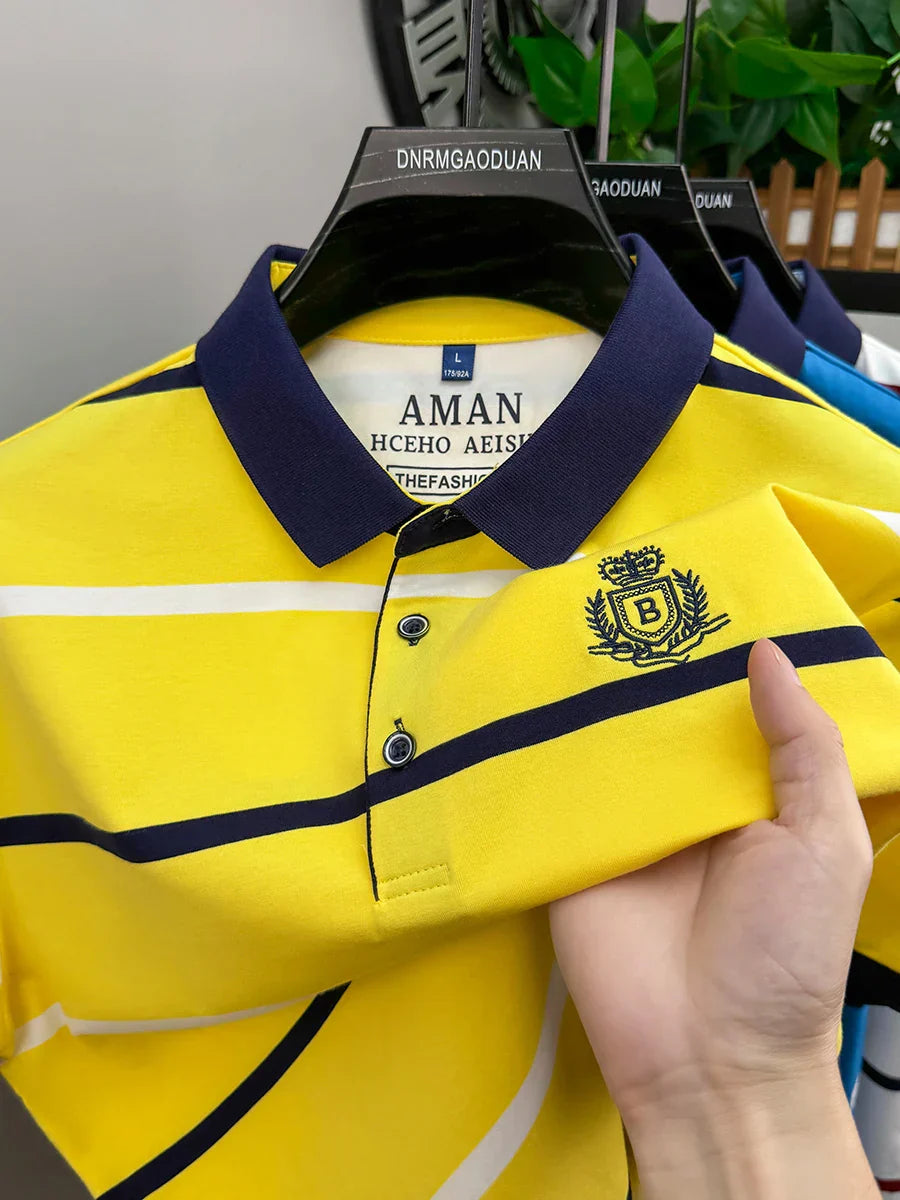 Fashion striped short sleeve men polo shirt summer trend brand letter embroidery design business casual breathable Paul T-shirt