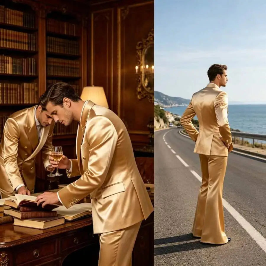 Men's Double Breasted Satin Suit Set 2 Piece Notch Lapel Gold Button Blazer Flare Pants Formal Wedding Prom Party Groom Outfit