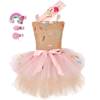Sweet Ice Cream Candy-Themed Girls Dress for Kids Birthday Carnival Party Rainbow Tutu Children's Costume Wedding Outfits
