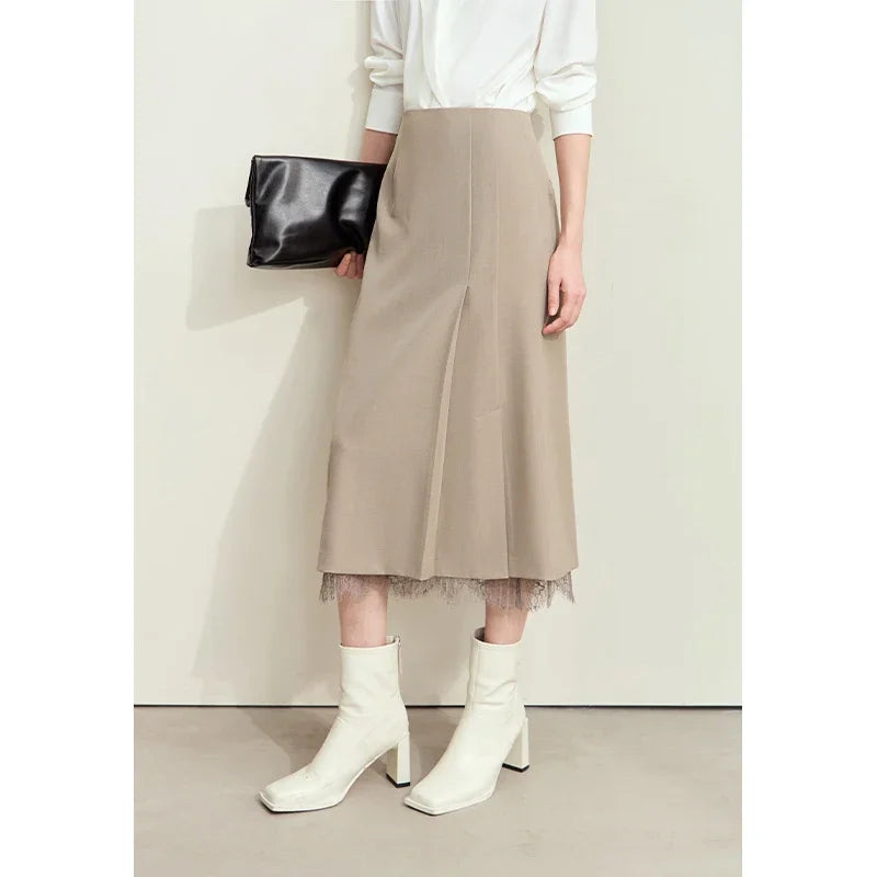 Minimalism Skirts for Woman 2025 Spring New Elegant Patchwork Lace Women's Clothing Retro Lady A-Line Pleated Skirt12443013