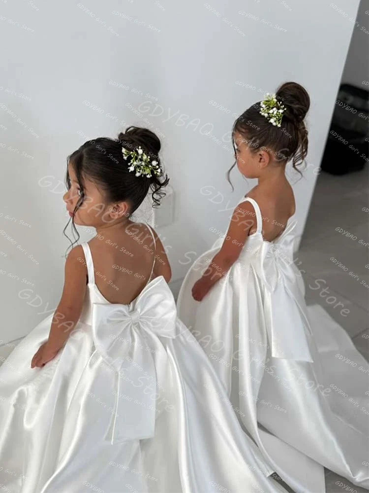 White Flower Girl Dress With Bow Strap Mini Bridal Wedding Dress Kids Ball Gown 1st Communion Frock Customized Vestidos De Noiva